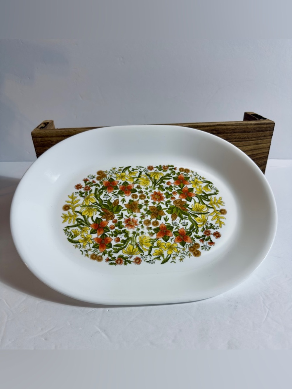 Corelle White Platter with Orange, Yellow and Green Floral Medallion